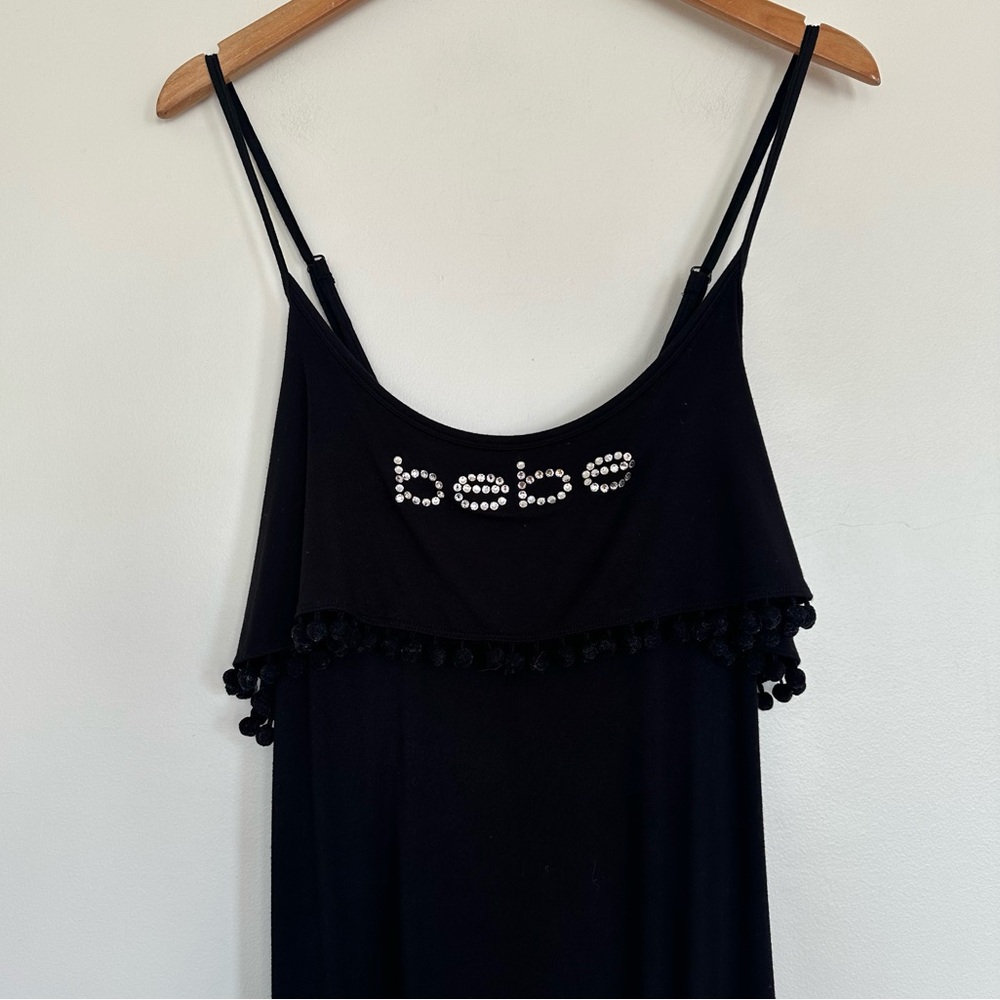 Bebe Rhinestone Logo Maxi Dress Off-Shoulder Pom Pom Trim Size XL Y2K Bling - Picture 2 of 11